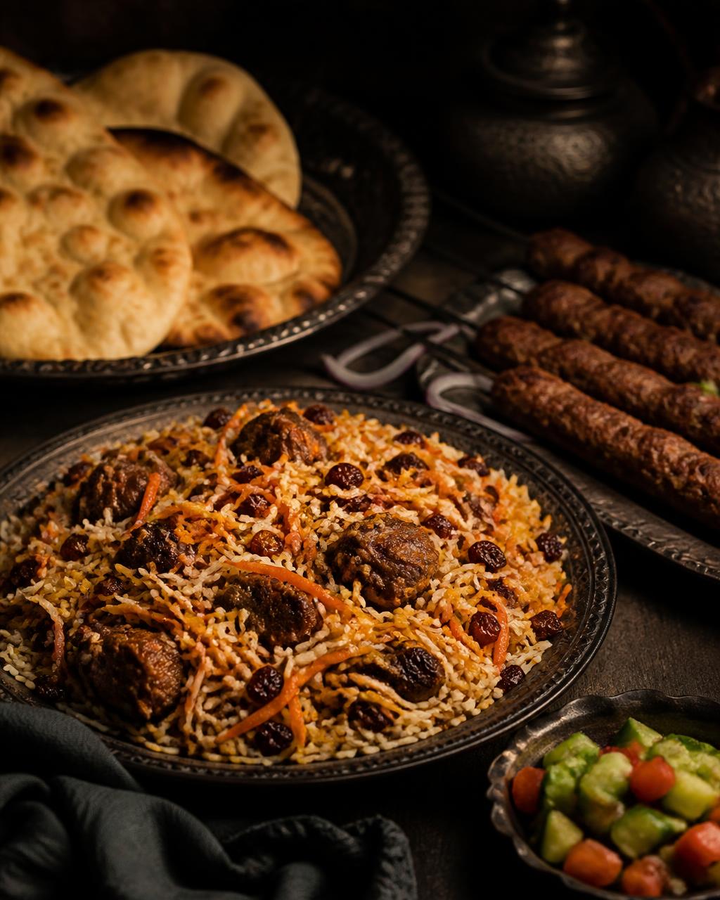 Afghan catering dishes: Kabuli pulao, Kebab, Naan