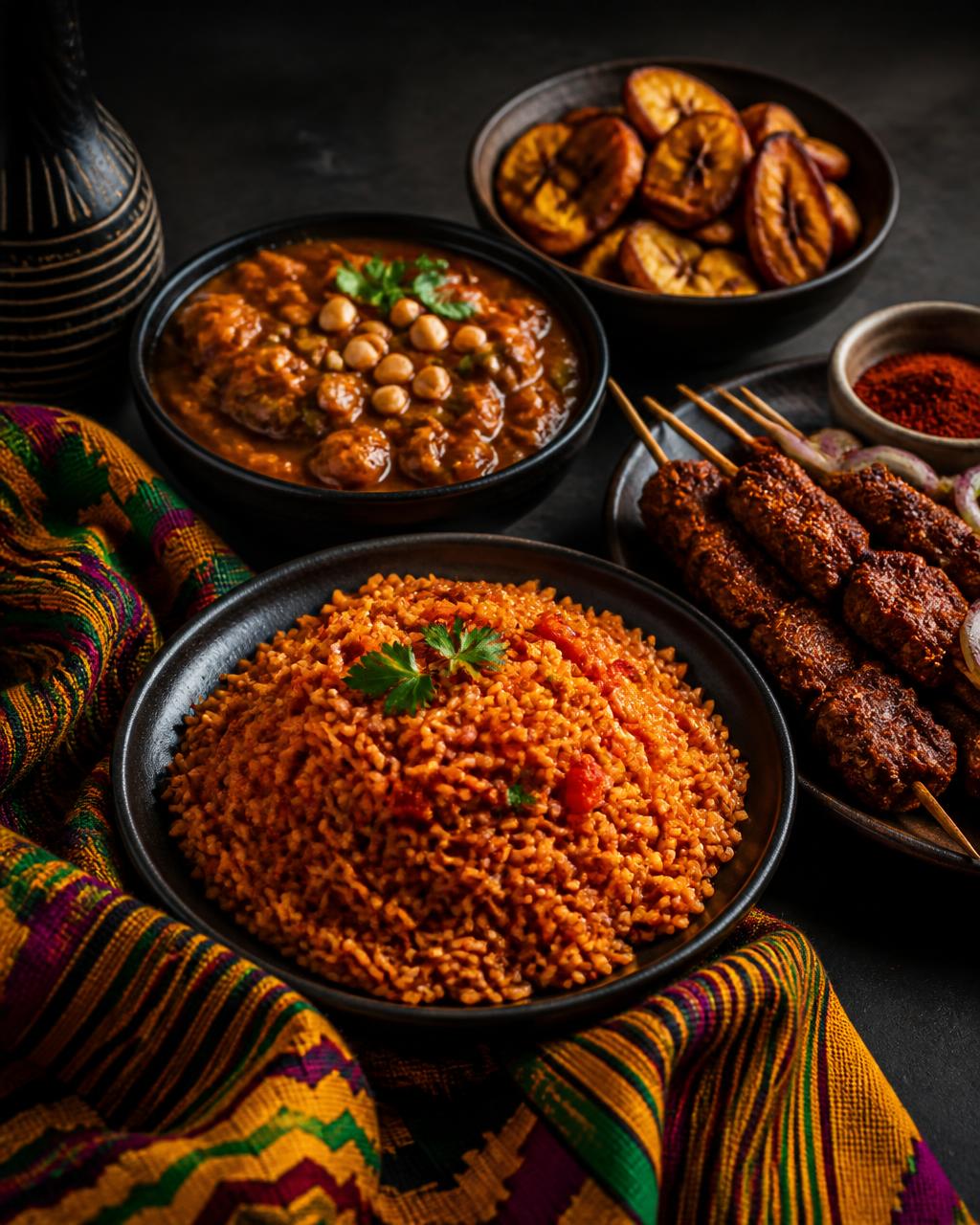African catering dishes: Jollof rice, Suya, Plantain