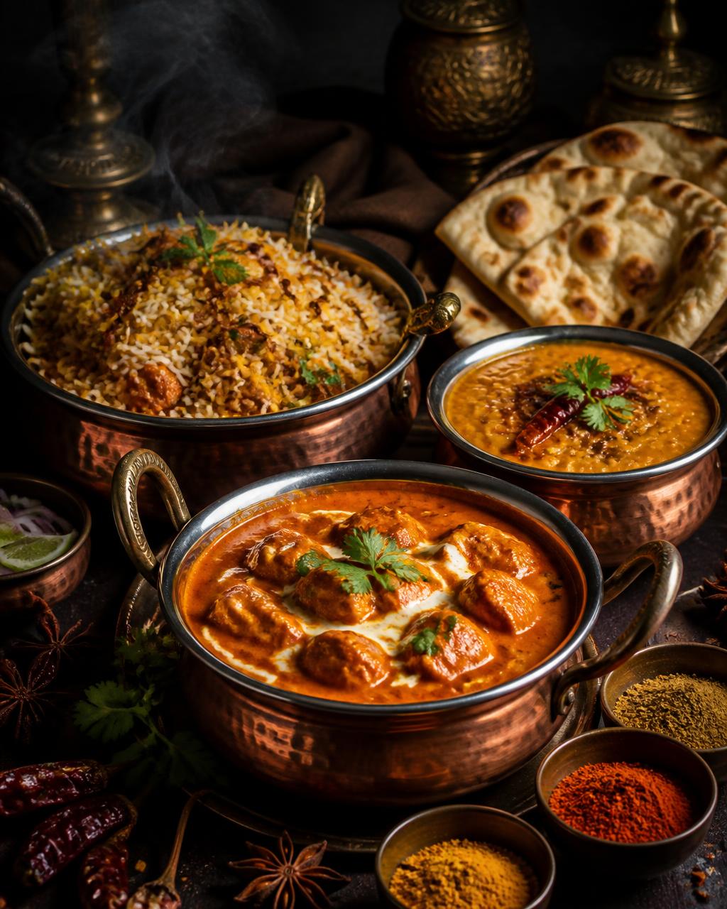 Indian catering dishes: Butter chicken, Biryani, Dal